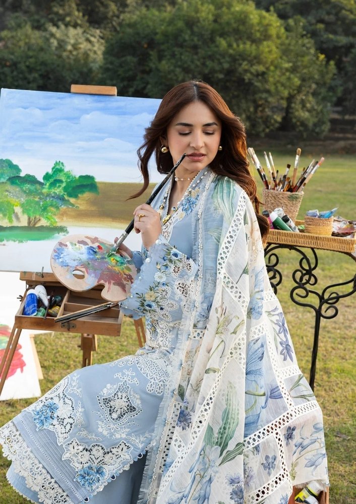 Lawn - 3PC Chikankari Embroidered Shirt With Embroidered Jacquard Dupatta - 5223 - Sapphire Studios