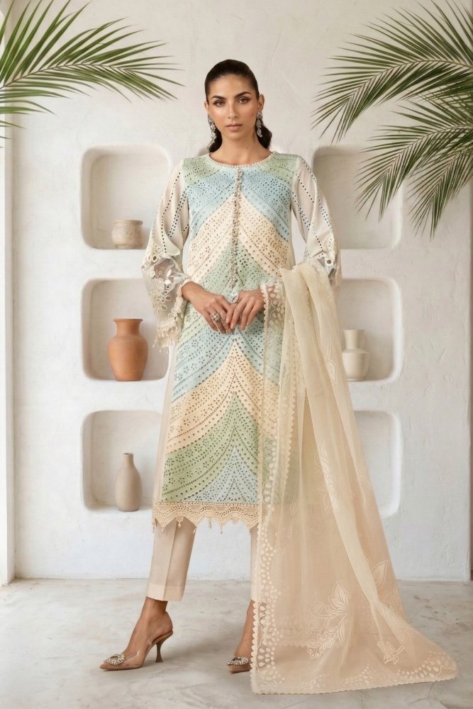 Lawn - 3PC Chikankari Embroidered Shirt With Silk Printed Dupatta - 5272 - Sapphire Studios