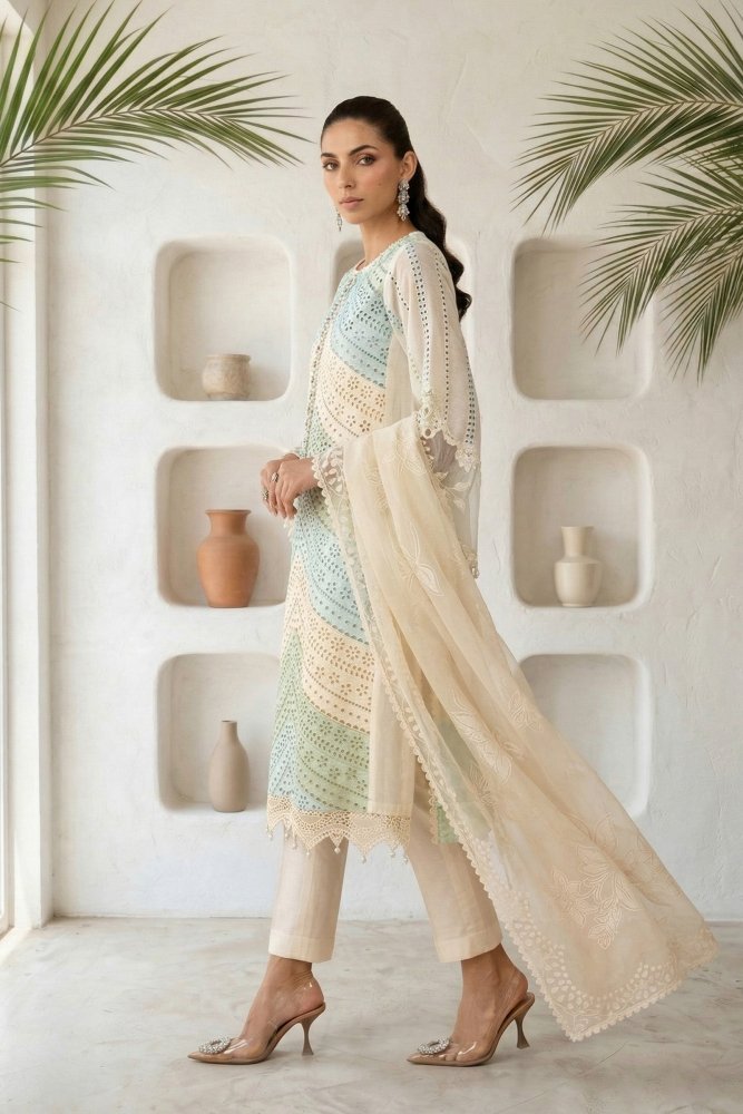 Lawn - 3PC Chikankari Embroidered Shirt With Silk Printed Dupatta - 5272 - Sapphire Studios