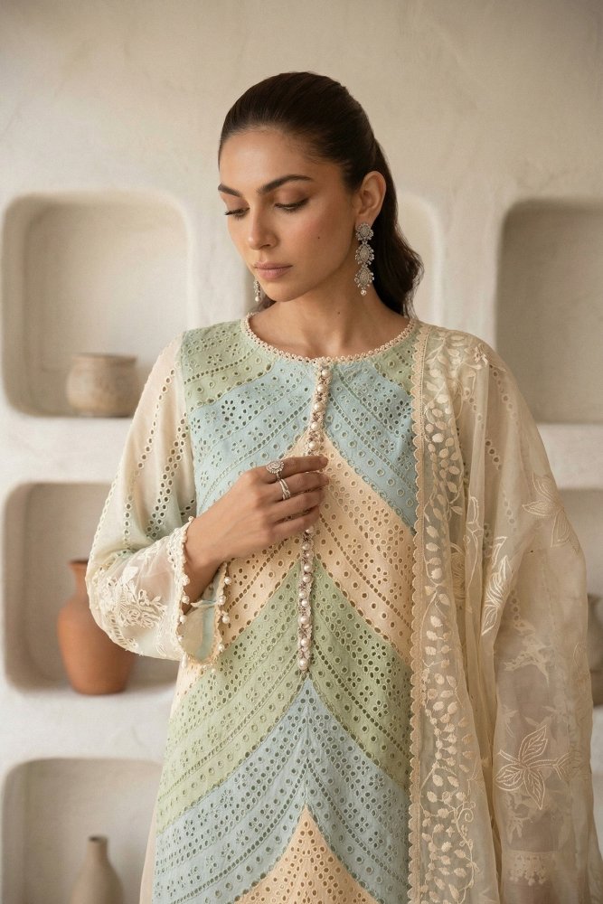 Lawn - 3PC Chikankari Embroidered Shirt With Silk Printed Dupatta - 5272 - Sapphire Studios