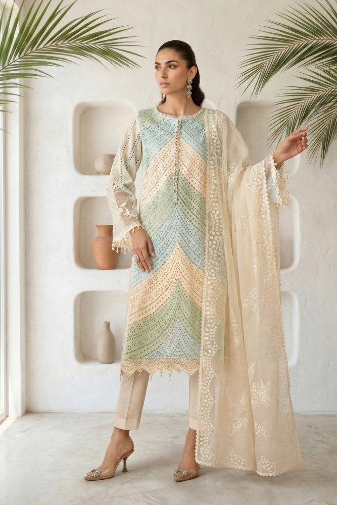 Lawn - 3PC Chikankari Embroidered Shirt With Silk Printed Dupatta - 5272 - Sapphire Studios