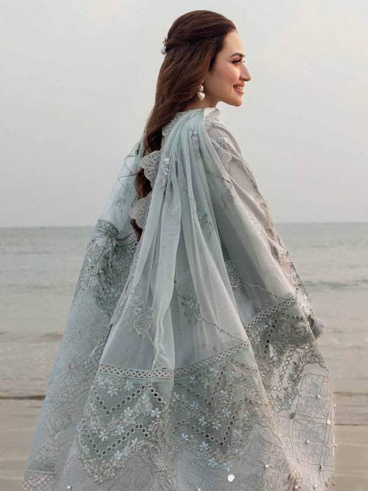 Lawn - 3PC Laser Cut Embroidered Shirt With Khadi Net Embroidered Dupatta - 5401 - Sapphire Studios