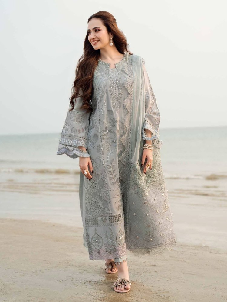 Lawn - 3PC Laser Cut Embroidered Shirt With Khadi Net Embroidered Dupatta - 5401 - Sapphire Studios