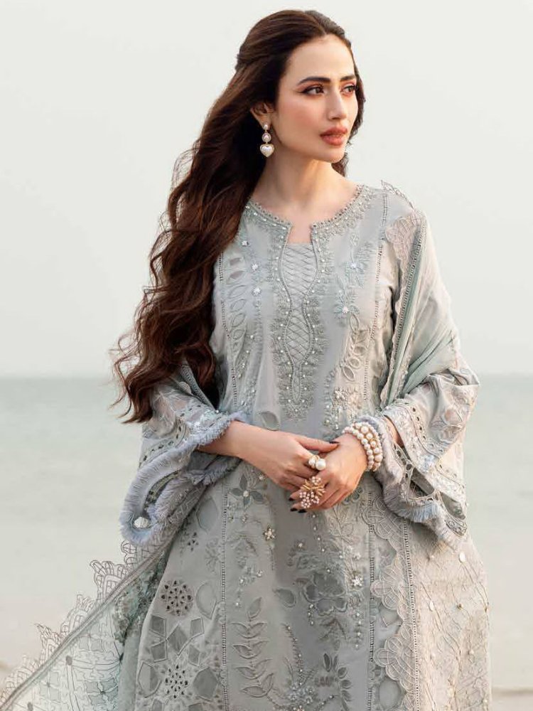 Lawn - 3PC Laser Cut Embroidered Shirt With Khadi Net Embroidered Dupatta - 5401 - Sapphire Studios