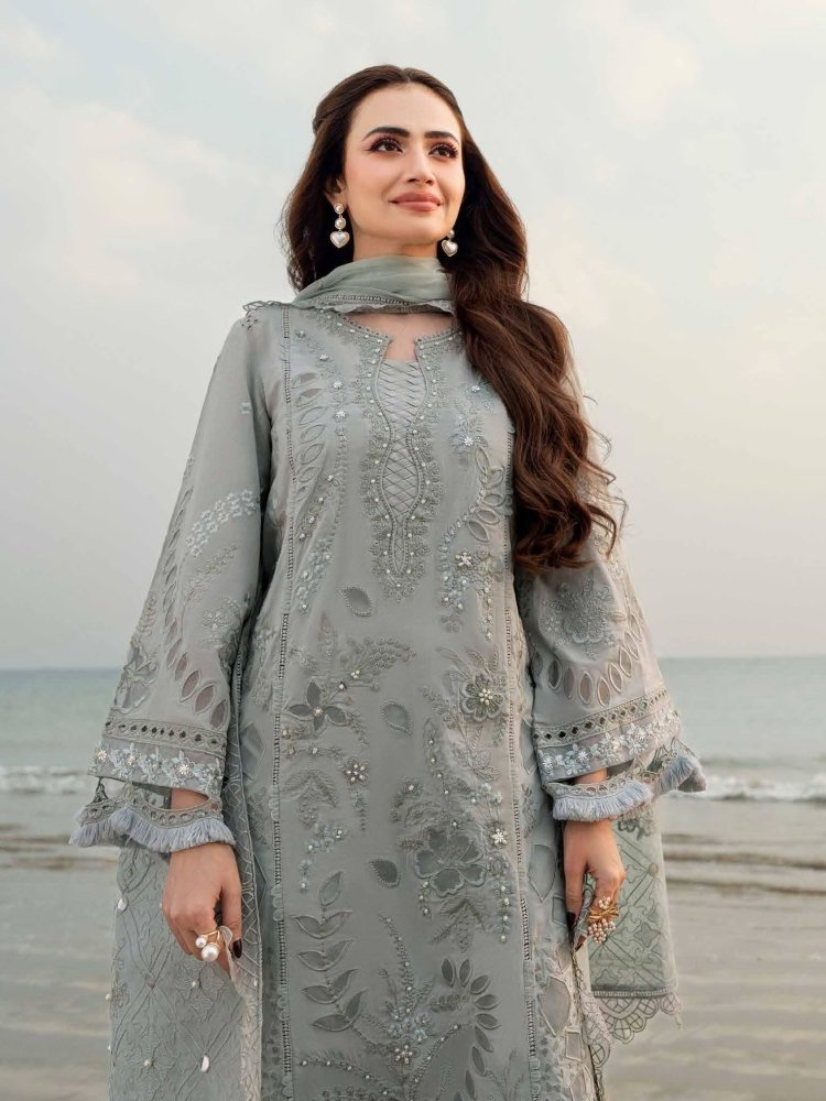 Lawn - 3PC Laser Cut Embroidered Shirt With Khadi Net Embroidered Dupatta - 5401 - Sapphire Studios