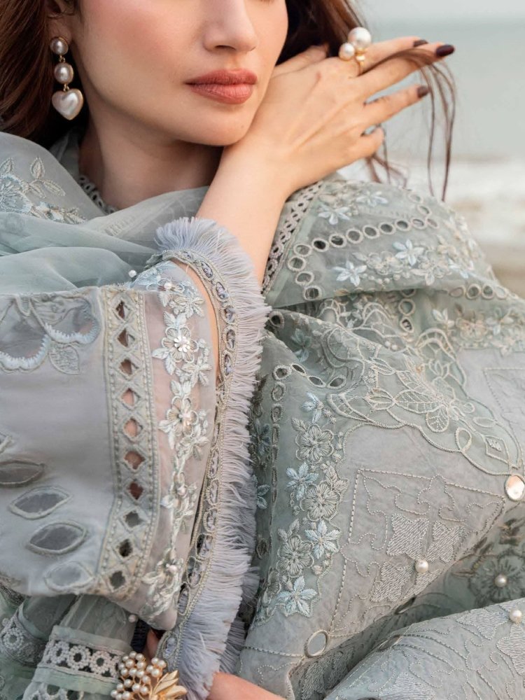 Lawn - 3PC Laser Cut Embroidered Shirt With Khadi Net Embroidered Dupatta - 5401 - Sapphire Studios